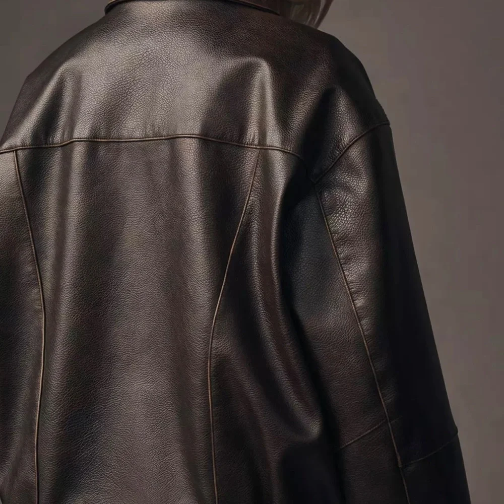 Pilcro Dark Brown Leather Bomber Jacket - Picture 4 of 15